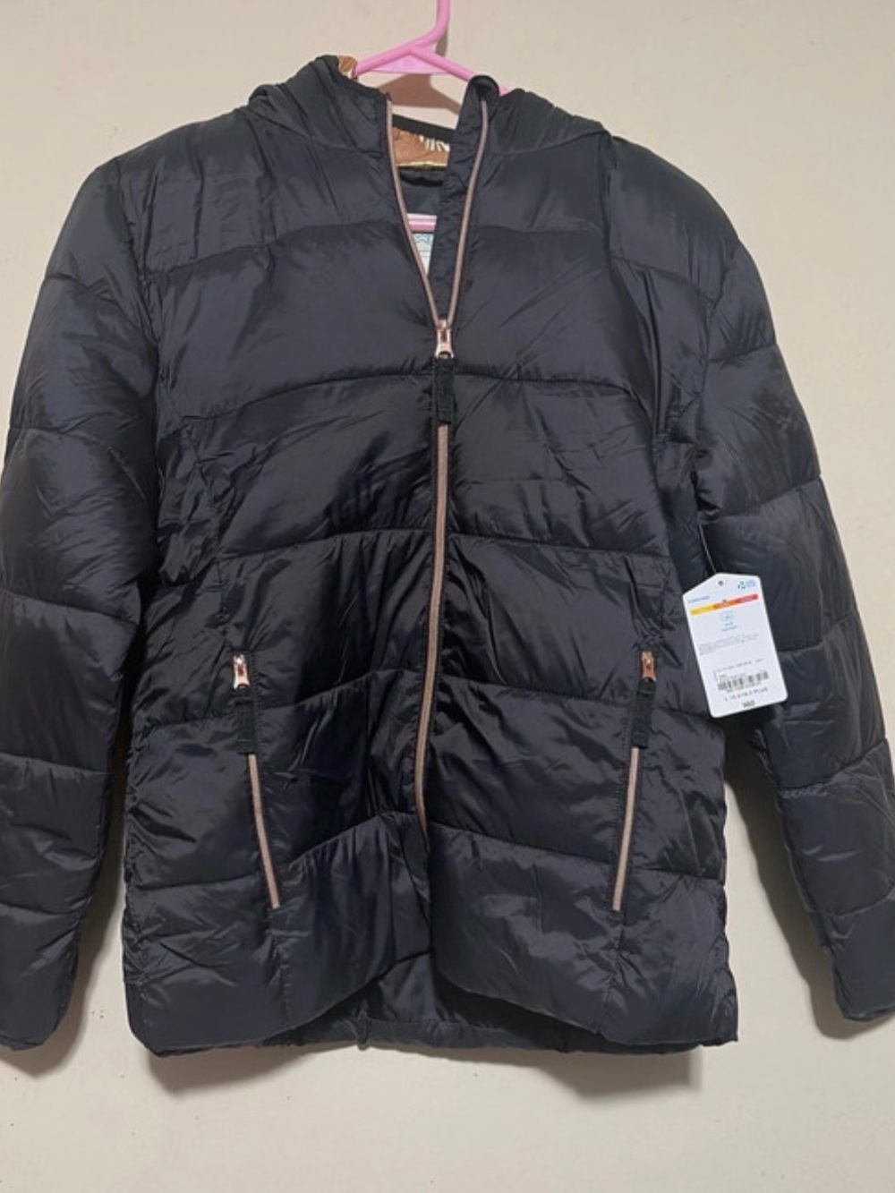 Girls' Black Hooded Puffer Jacket with Rose Gold Accents